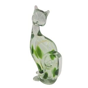 Murano Art Glass Cat Figurine Sommerso Green Spots Hand Made in Murano Italy